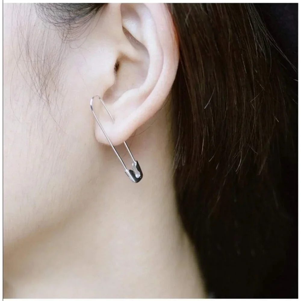 Sterling Silver Big Hoop Earrings 37mm Dangle Geometric Safety Pin Jewelry for W